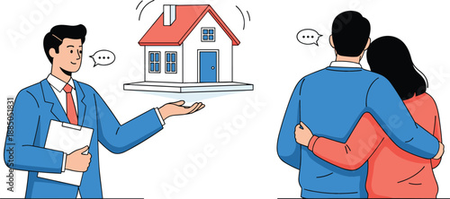 Real estate agent in a suit presenting a house model to a young couple for property buying and mortgage concepts flat vector illustration