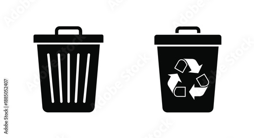 Two black trash cans one with recycling symbol isolated on white background