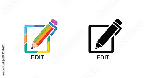 Colorful pencil and black pen icons with edit labels in square frames