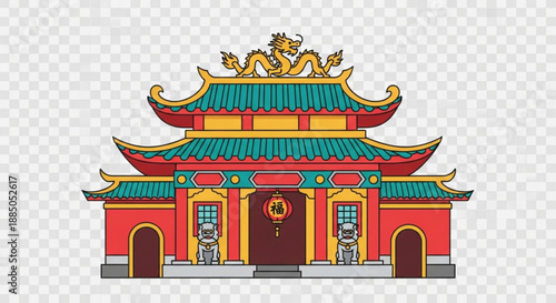 Vibrant chinese temple with green roof and red walls golden accents and ornate decorations on a transparent background