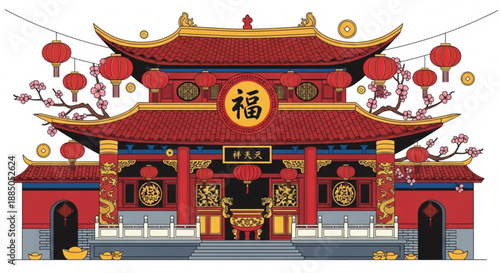 Traditional chinese temple gate with red lanterns and golden accents on festive decorations