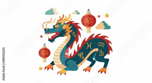 Vibrant chinese dragon with red lanterns and clouds for lunar new year celebrations and cultural festivals