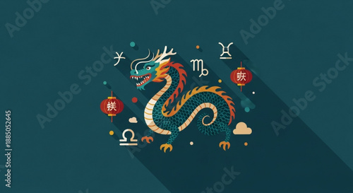 Vibrant dragon illustration with zodiac symbols and lanterns on dark teal background for lunar new year celebrations and astrology