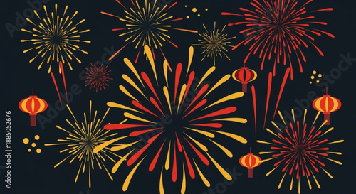 Vibrant fireworks exploding in night sky with colorful lanterns floating nearby festive celebration scene