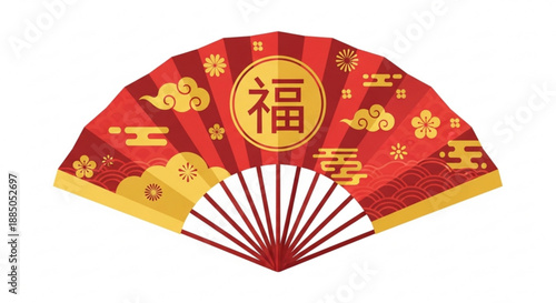 Traditional chinese red and gold ornamental fan with 'fu' symbol for good fortune on white background