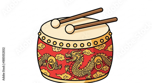 Chinese dragon drum with wooden sticks on white background traditional asian instrument for music and dance