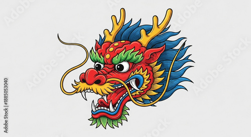 Vibrant chinese dragon head with colorful scales and fiery mane on gray background symbolizing good fortune and prosperity in asian culture