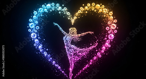 Women day valentines day celebration with sparkling female dancer heart shape particles symbolizing love empowerment equality art design concept