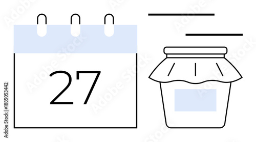Calendar with marked date and jar with a lid representing time planning, scheduling, preservation, productivity, food storage, deadlines, and minimalism. Ideal for concepts thumbs up planning
