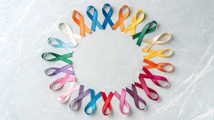 Colorful awareness ribbons arranged in a circle on a light marble background representing unity and support.