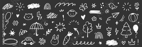 Kid element cute icon set. Kid icon heart, star, cloud element line hand drawn sketch on background. Cute childish chalk crayon art with flower, rainbow, sun on chalkboard. Vector illustration