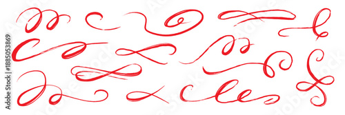 Flourish drawn swash red set. Red flourish calligraphy hand drawn pen brush ink thin stroke line..Vintage doodle swirl scroll underline text decoration texture grunge. Vector illustration.