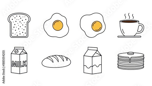 Breakfast Food Icons: Toast, Eggs, Coffee, Milk, Bread, Pancakes