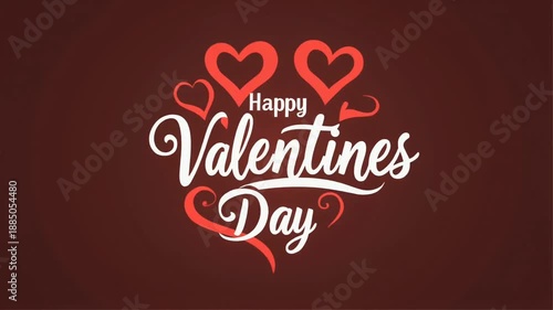 Valentine's Day greeting card with red hearts and white script on dark background, viewed directly