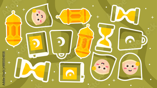 Traditional Islamic icons pattern including the Holy Quran lanterns and cute girl characters on olive green