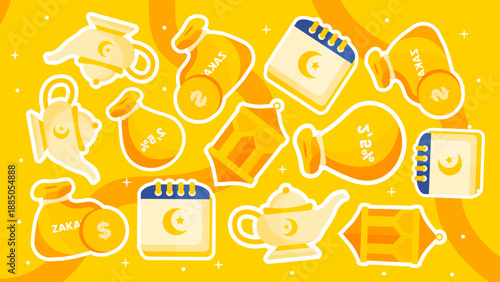 Bright yellow pattern showing Zakat charity bags donation calendars and magic lamps for Ramadan
