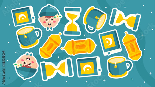 Teal background showcasing religious books and hourglass icons for prayer time