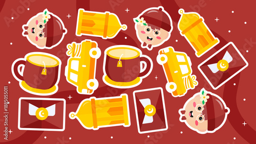 Dark red decorative background with smiling characters and golden lanterns for eid