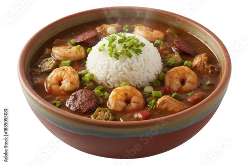 Hearty bowl of shrimp and sausage gumbo with rice and greens steaming hot