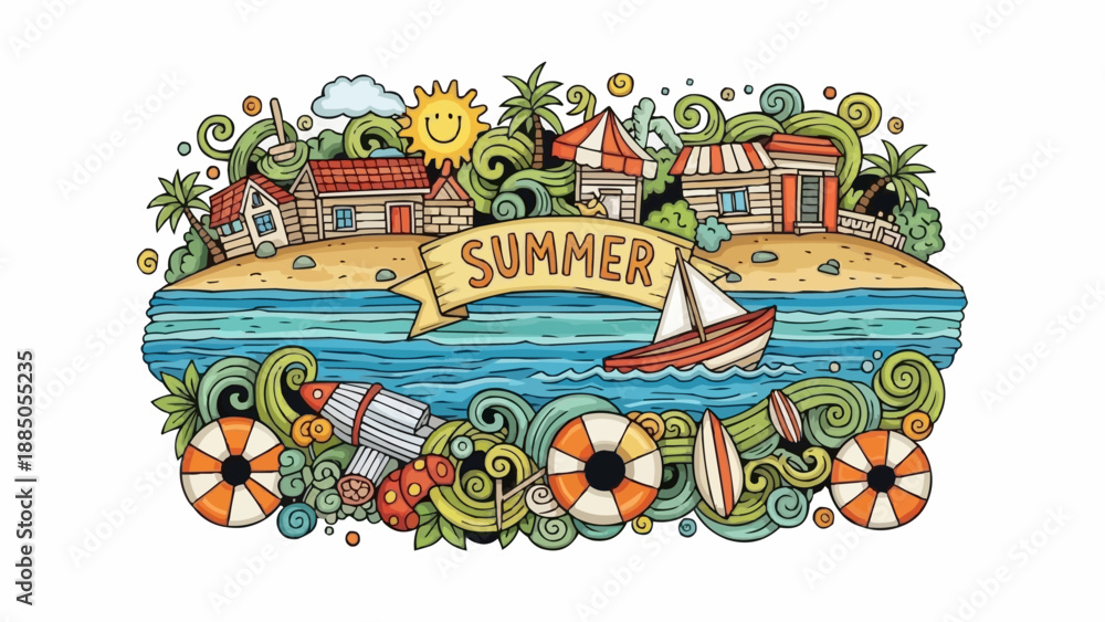 Obraz premium Summer vacation beach scene with colorful doodles and elements.