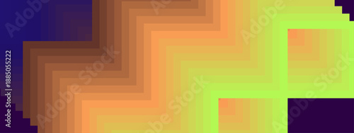 Modern digital art featuring stepped geometric patterns with orange and yellow gradient against a dark violet backdrop