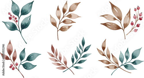Watercolor illustration of various leaves and plants in muted colors on white background