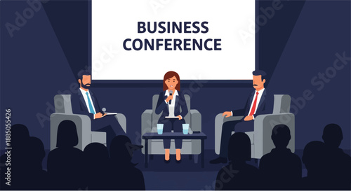 Engaging Business Conference Panel Discussion Featuring Professional Speakers Addressing an Attentive Audience in a Modern Corporate Event Setting