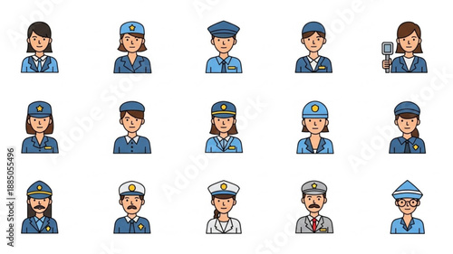 Collection of diverse police officer avatars in uniform.