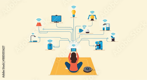 Smart Home Connectivity Hub Person controlling interconnected devices via a tablet, showcasing modern automation and IoT convenience for an enhanced digital living experience