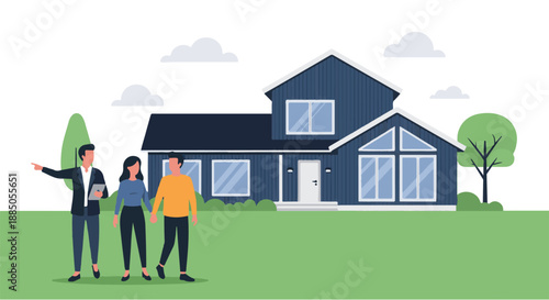 Real estate agents showing a modern house to a couple, illustrating the process of buying a home