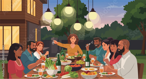 A diverse group of friends and family enjoying a delightful outdoor dinner party at dusk, illuminated by string lights