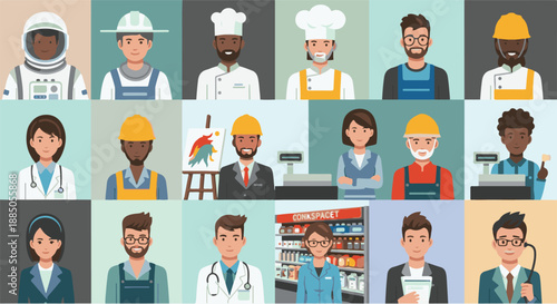 Diverse professionals and workers from various industries in a grid pattern, representing a wide range of careers and occupations