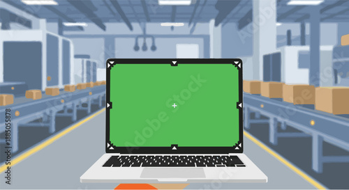 Digital transformation in a modern manufacturing facility with a laptop featuring a green screen on a conveyor belt