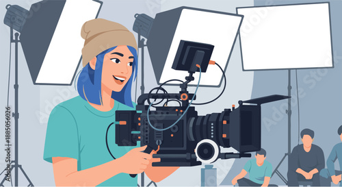 A determined young female cinematographer skillfully operates a professional video camera on a film set, surrounded by studio lighting equipment
