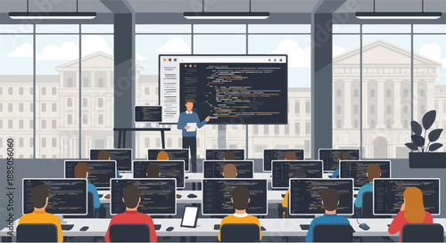 Engaging Software Development Class Instructor Guides Students Through Coding Concepts on a Large Screen in a Modern Educational Setting