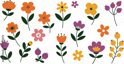 Colorful illustration of various flowers in shades of orange yellow pink and purple