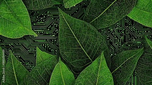 Wallpaper Mural A vibrant blend of green leaves and circuit patterns, symbolizing the intersection of nature and technology. Torontodigital.ca