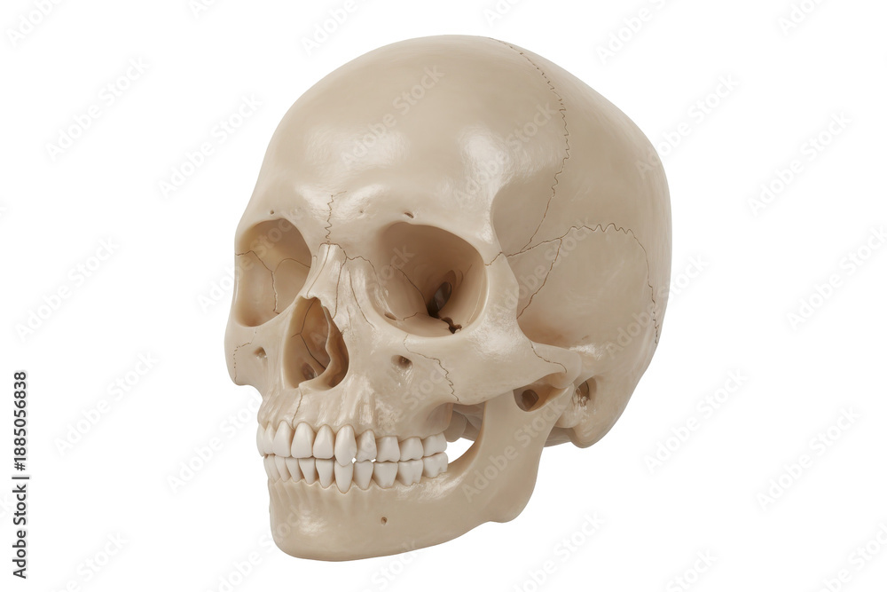 Obraz premium Human Skull Anatomy Model, Detailed Bone Structure, Medical Education Display