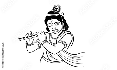 Lord Krishna Playing Flute Line Art Vector, Hindu God Murali Krishna with Peacock Feather Illustration, Janmashtami Religious Graphic, Minimalist Black and White Divine Deity Sketch on White