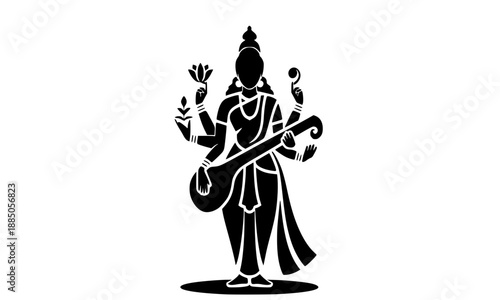 Divine Goddess Saraswati Silhouette with Veena: Hindu Devi of Knowledge Music Arts, Four Arms Multi-Armed Standing Figure Vector Illustration
