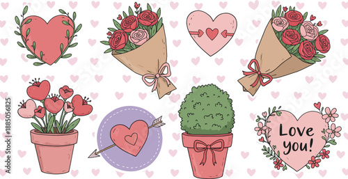 Valentine s day flowers and hearts illustrations with love messages
