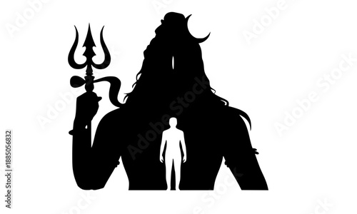 Majestic Lord Shiva Silhouette with Trishul and Devotee Figure: Hindu Mahadev Symbol, Trident Standing God Vector Illustration