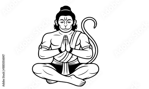 Lord Hanuman Meditating in Padmasana Silhouette Vector, Hindu God Bajrangbali in Namaste Pose Illustration, Spiritual Hanuman Jayanti Religious Graphic, Minimalist Black and White Divine Art