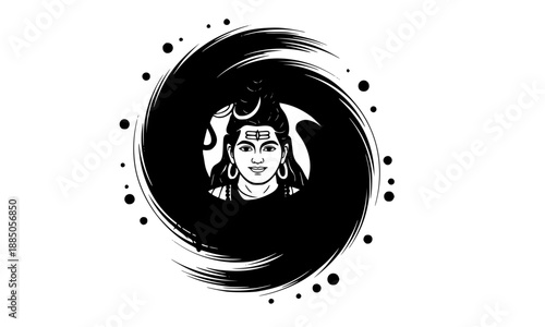 Lord Shiva Face in Spiritual Vortex Line Art, Hindu God Mahadev Meditating within Abstract Spiral, Divine Energy Cosmic Illustration, Mahashivratri Religious Vector Graphic on White