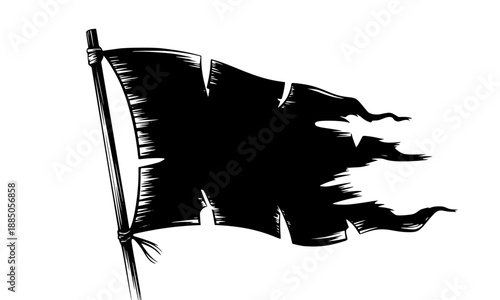 Tattered Black Flag on Pole Vector Illustration, Distressed Waving Banner Silhouette, Vintage Pirate or Battlefield Flag Graphic, Grungy Medieval War Symbol Isolated on White