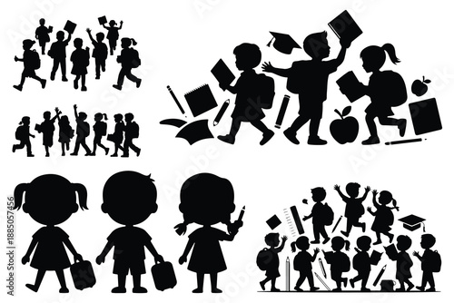 Silhouettes of children with school supplies and graduation caps