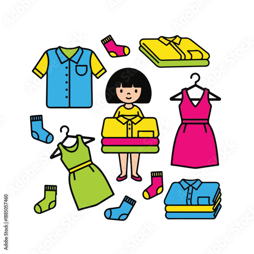 A cartoon girl surrounded by colorful clothes and socks