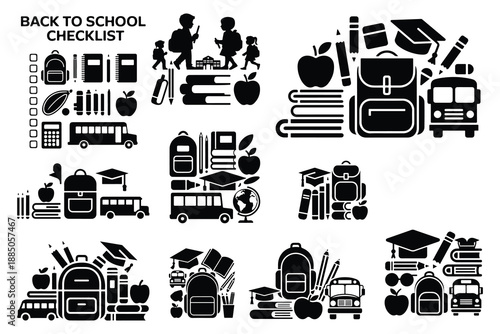 Black and white back to school checklist with backpacks, books, and apples
