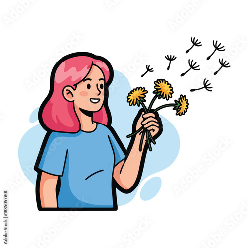 A cartoon girl with pink hair smelling flowers