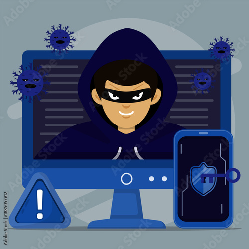 Computer hacker viruses smartphone warning sign in blue hues. Suitable for cybersecurity concept designs, technology blogs, and digital security presentations.